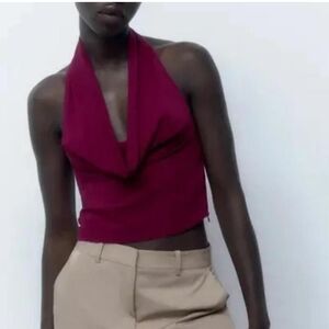 Zara Halter Cowl Neck Fuchsia Blouse Size M